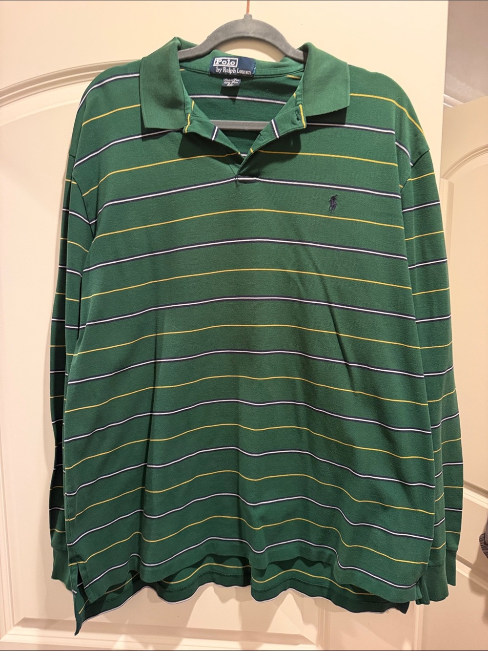 Polo by Ralph Lauren Green Striped Long Sleeve Polo with Yellow & White Accents